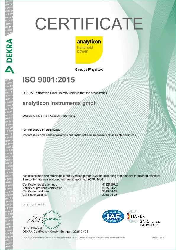 The quality management system of analyticons is certified